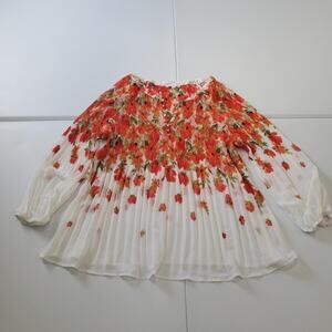 Fig and Flower Blouse Womens 2X White Red Floral Pleated Sheer Long Sleeve Top